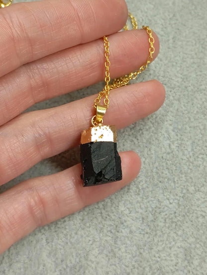 Black Tourmaline Pendant Necklace gold Electroplated cup gemstone necklace, Reiki, Protection, Healing Gorgeous Dainty Necklace