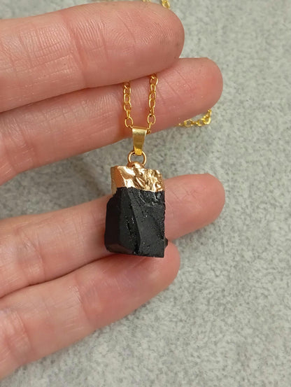 Black Tourmaline Pendant Necklace gold Electroplated cup gemstone necklace, Reiki, Protection, Healing Gorgeous Dainty Necklace