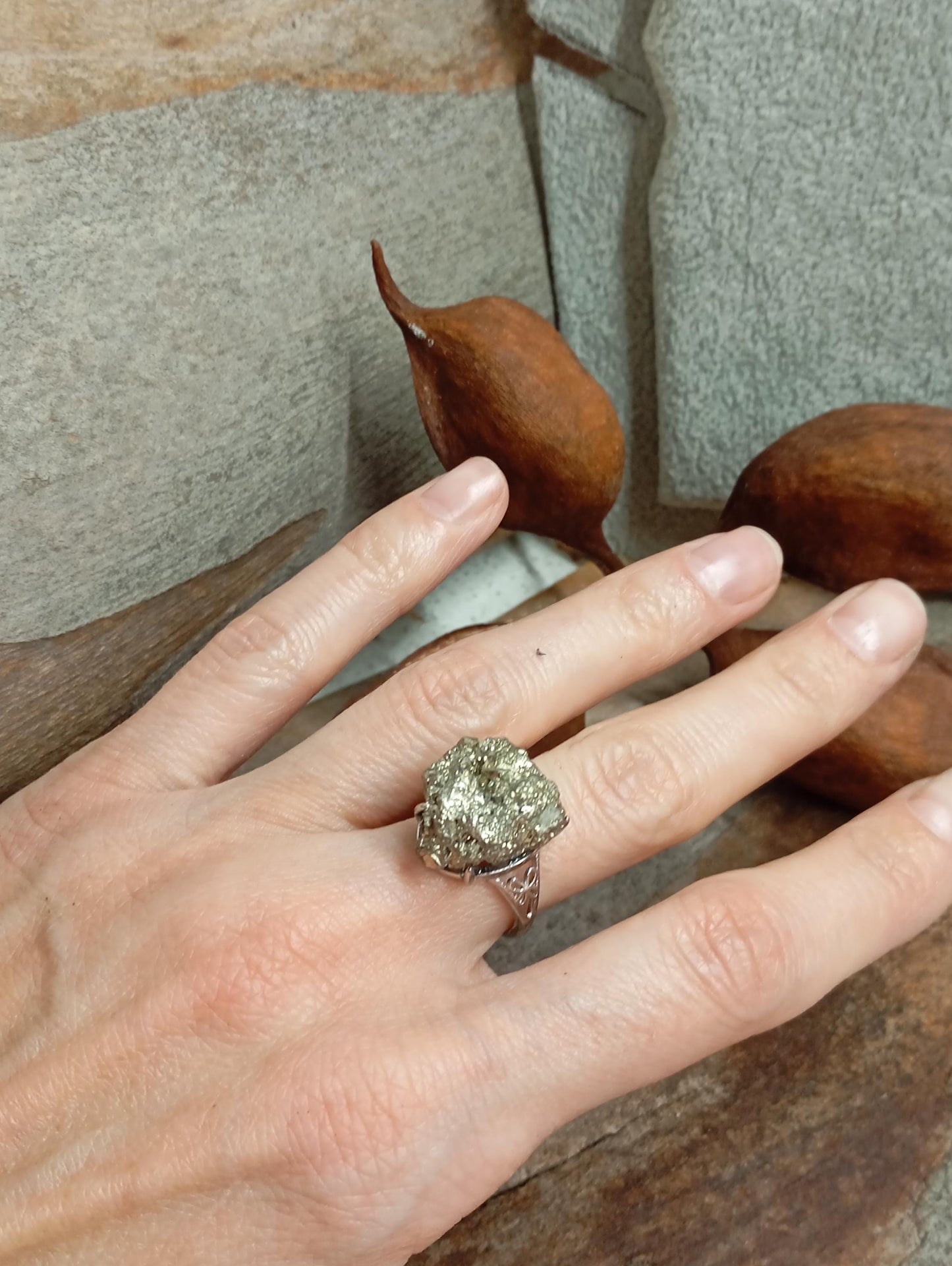 Big Sparkly Raw Pyrite ring adjustable  open finger stainless steel ring,attracts success wealth property crystal cluster ring, natural gem