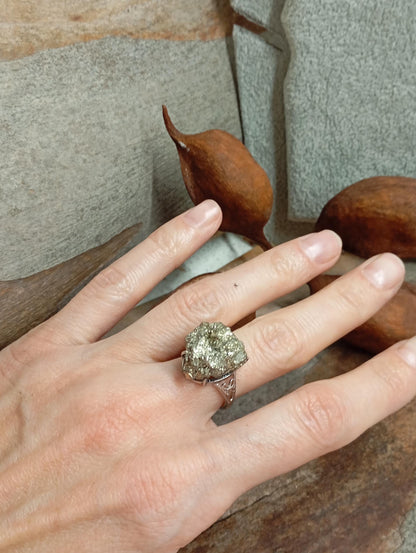 Big Sparkly Raw Pyrite ring adjustable  open finger stainless steel ring,attracts success wealth property crystal cluster ring, natural gem