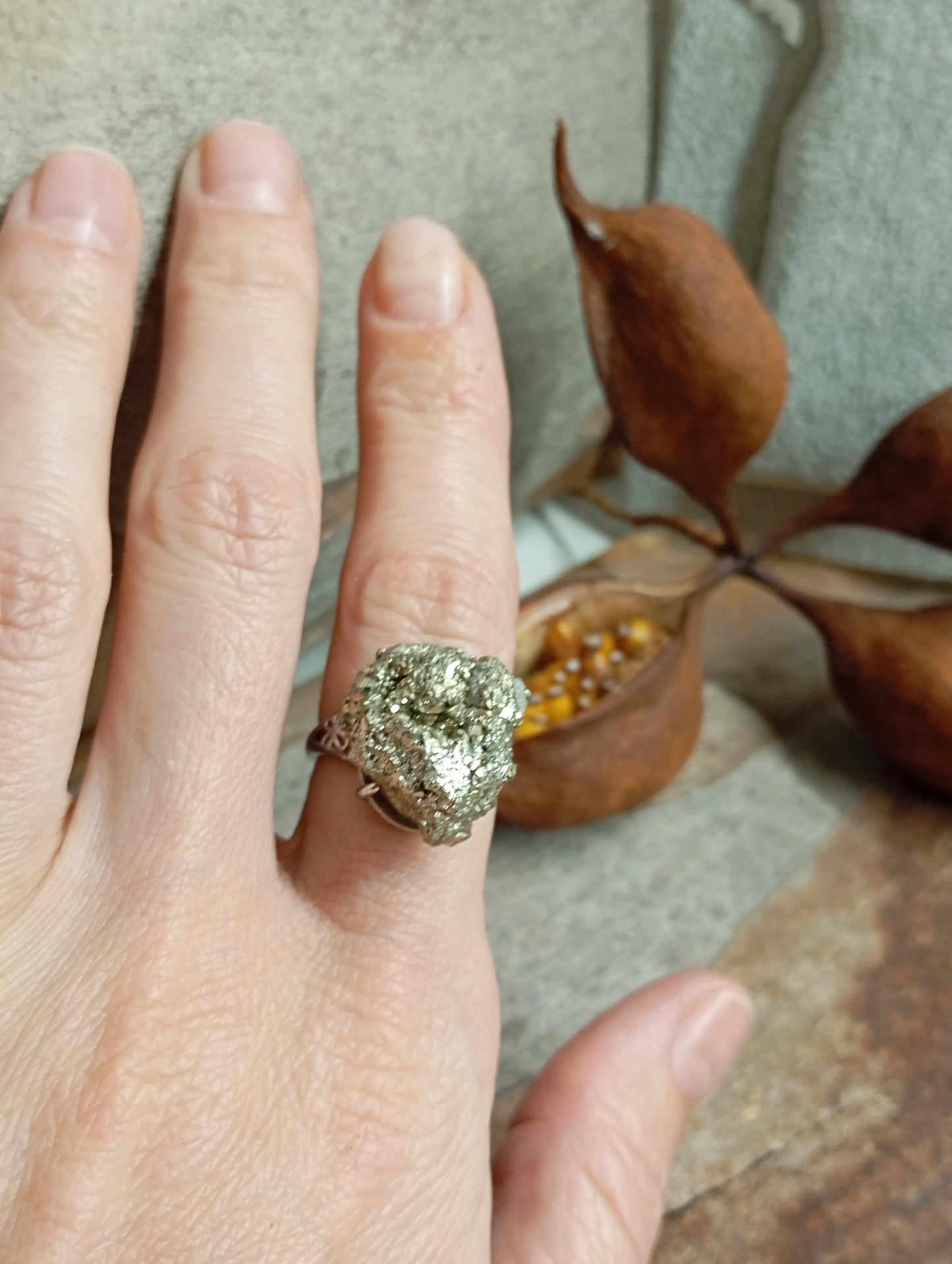 Big Sparkly Raw Pyrite ring adjustable  open finger stainless steel ring,attracts success wealth property crystal cluster ring, natural gem