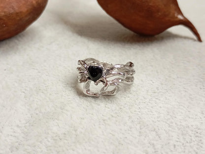 Black cubic zirconia heart spider ring, gothic punk animal, creative vintage, Halloween, stunning, party adjustable finger ring