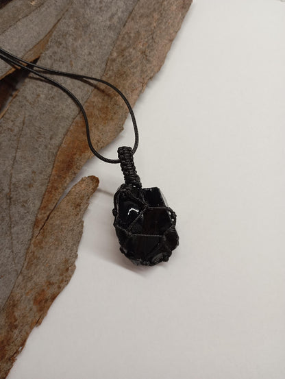 Black Obsidian Pendant Necklace, Raw natural gemstone, Crystal holder,crystal cage, evil eye protection, reiki, mascot, yoga, base chakra