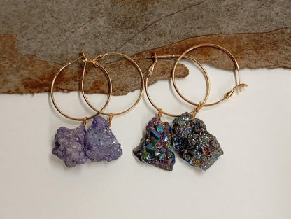 Blue aura Druzy quartz crystal cluster  Hoop Earrings, circle dangle earrings, protection healing, gorgeous,dainty charm earrings, gem