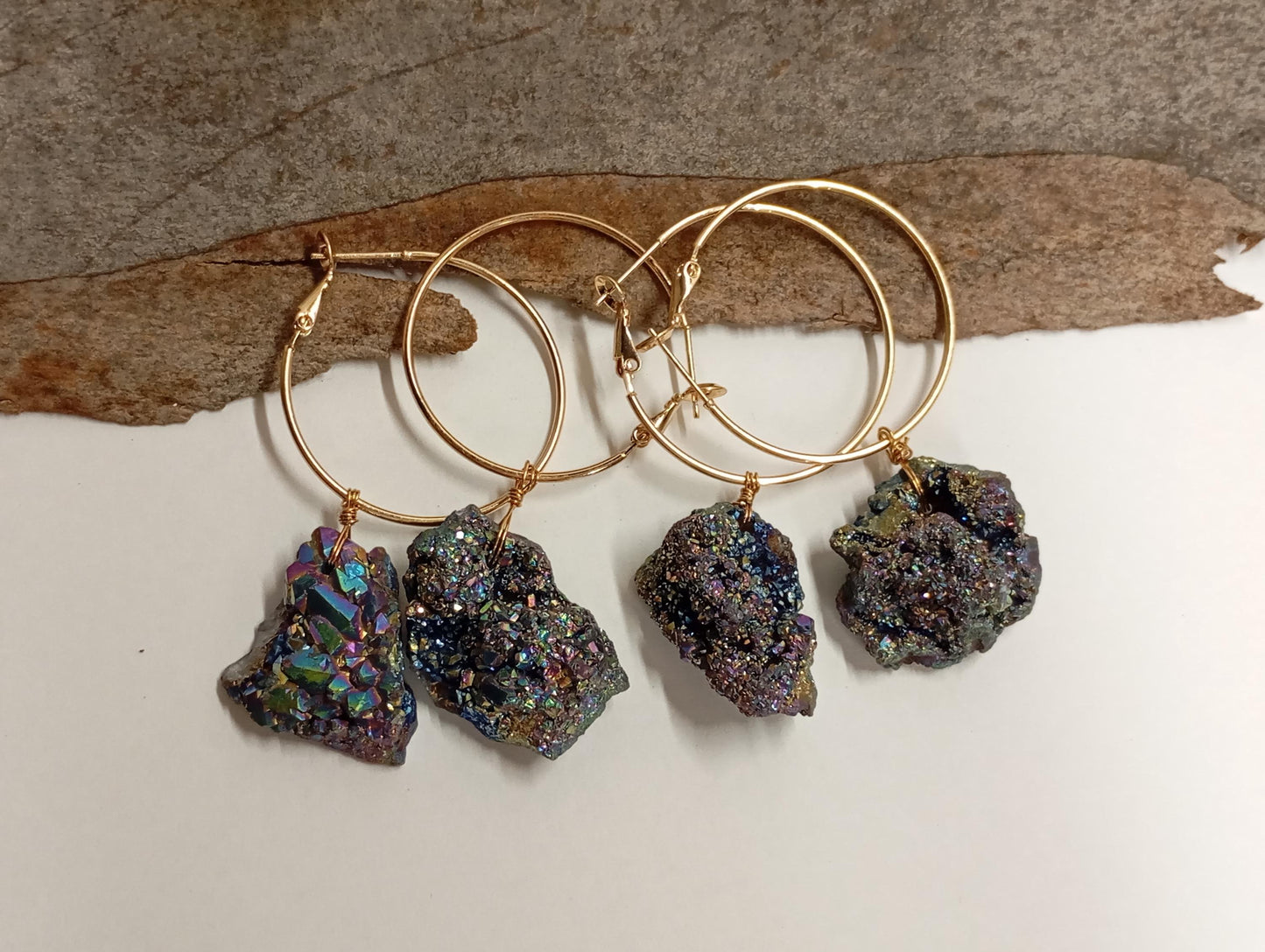 Blue aura Druzy quartz crystal cluster  Hoop Earrings, circle dangle earrings, protection healing, gorgeous,dainty charm earrings, gem