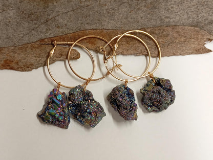 Blue aura Druzy quartz crystal cluster  Hoop Earrings, circle dangle earrings, protection healing, gorgeous,dainty charm earrings, gem