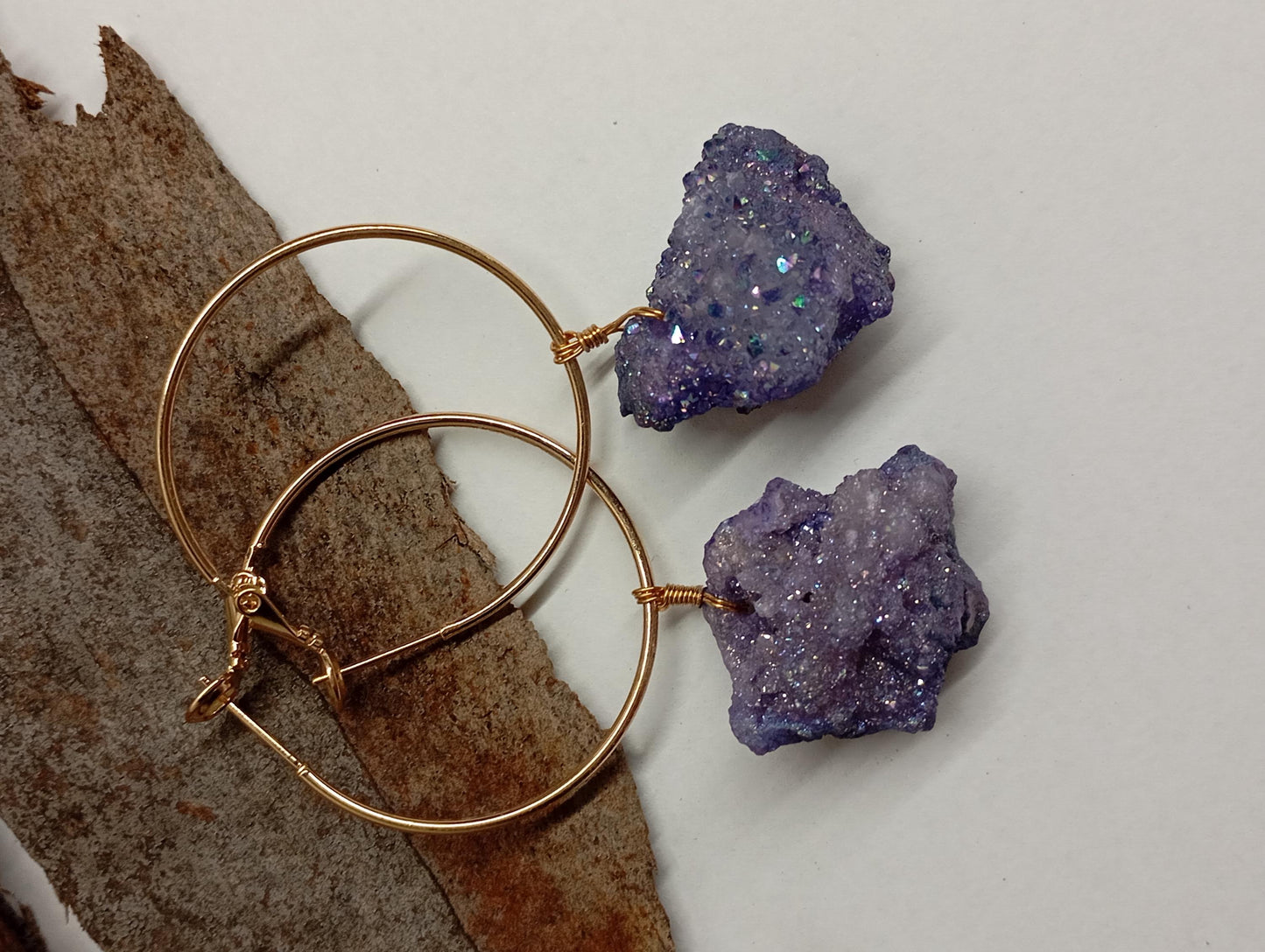 Blue aura Druzy quartz crystal cluster  Hoop Earrings, circle dangle earrings, protection healing, gorgeous,dainty charm earrings, gem