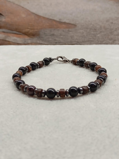Mens bracelet with Black onyx round beads, hematite and wooden spacers natural Gemstone, Healing, Energy, Grounding, Protection, trendy