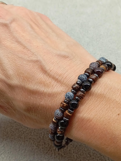 Mens bracelet with Black onyx round beads, hematite and wooden spacers natural Gemstone, Healing, Energy, Grounding, Protection, trendy