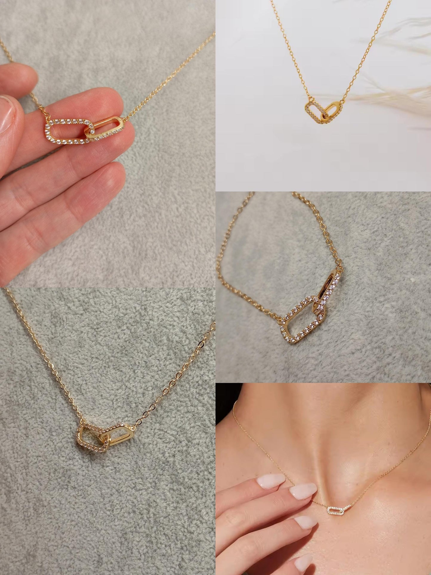 Gold Rhinestone Link Pendant Necklace – Double Oval Chain, Elegant Minimal Choker