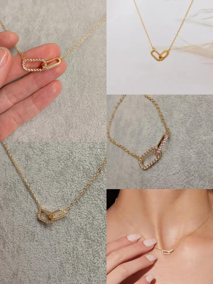 Gold Rhinestone Link Pendant Necklace – Double Oval Chain, Elegant Minimal Choker
