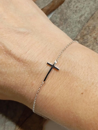 Cross Charm sterling silver Bracelet, everyday, Protection adjustable bracelet, Catholic Christian religious, believer, prayer church, gift for women
