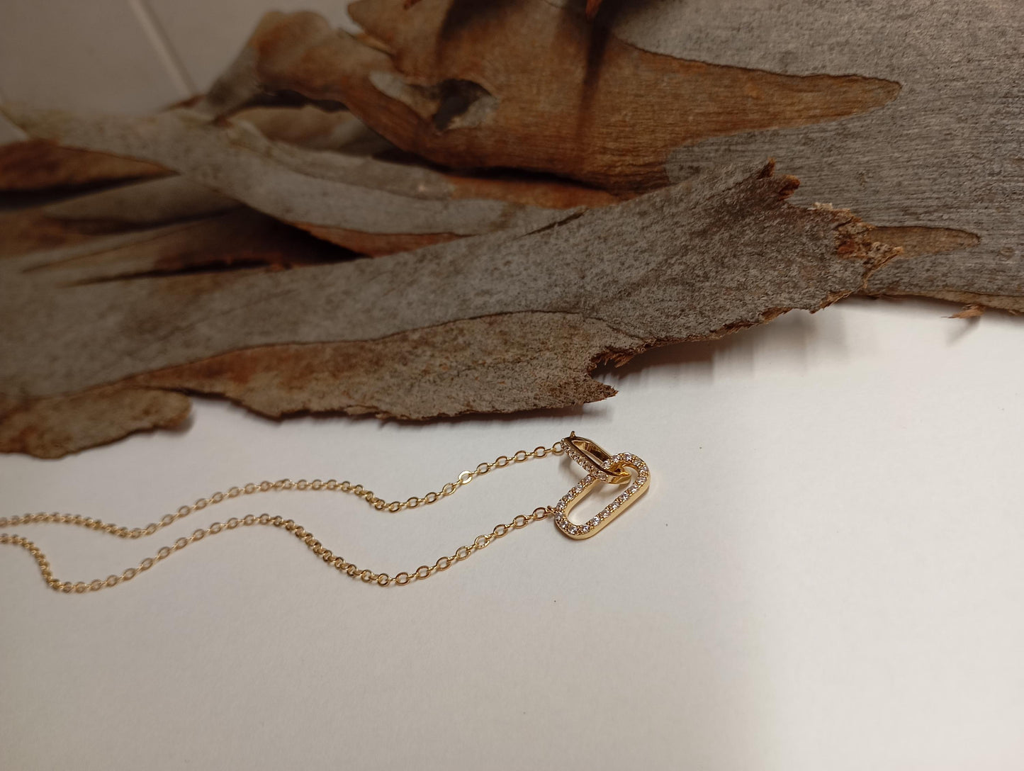 Gold Rhinestone Link Pendant Necklace – Double Oval Chain, Elegant Minimal Choker