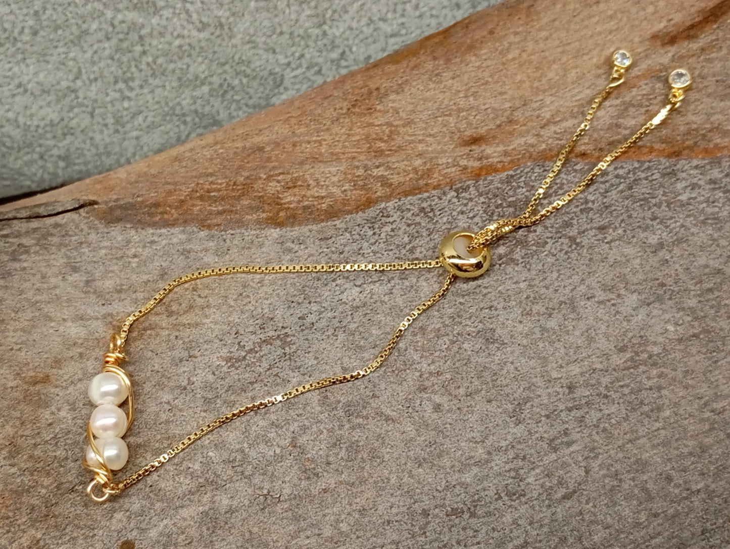 Three Freshwater Pearl Bracelet – Wire Wrapped Gold Chain, Adjustable Minimalist Jewelry, Wedding & Party Gift for Her