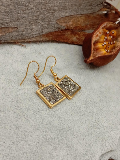 Raw Pyrite in Square cabochon, hooks stainless steel Earrings, wealth stone,bohemian,dainty, Healing, Protection, handmade,natural gemstone