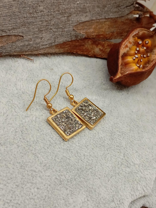 Raw Pyrite in Square cabochon, hooks stainless steel Earrings, wealth stone,bohemian,dainty, Healing, Protection, handmade,natural gemstone