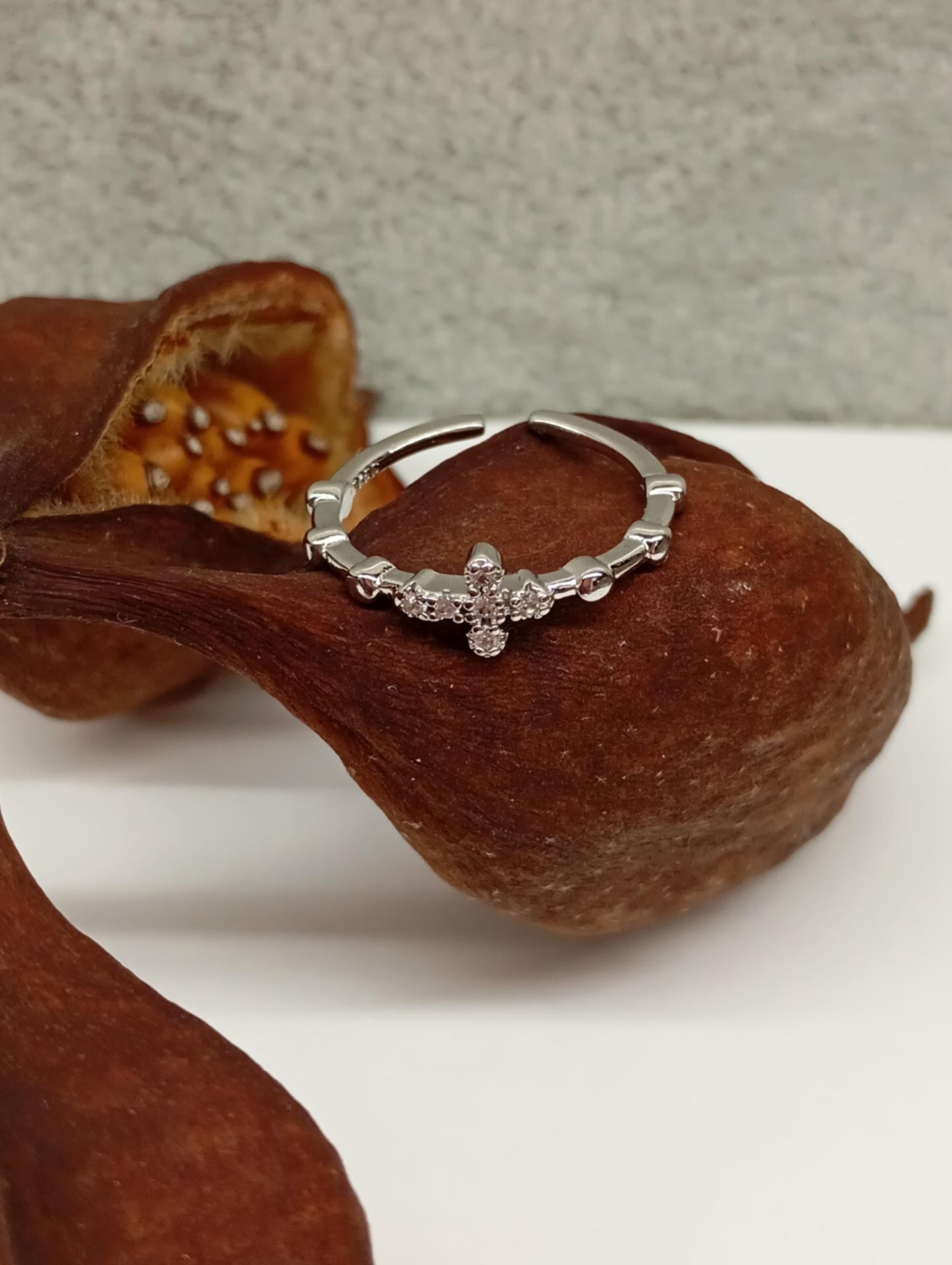 Cross with zircon sterling silver open finger ring adjustable, vintage boho, dainty, church, believer ring,Christian cross gift for believer