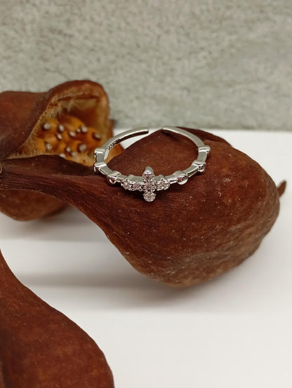 Cross with zircon sterling silver open finger ring adjustable, vintage boho, dainty, church, believer ring,Christian cross gift for believer