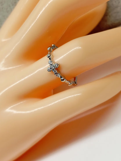 Cross with zircon sterling silver open finger ring adjustable, vintage boho, dainty, church, believer ring,Christian cross gift for believer