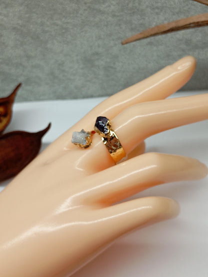 Raw Amethyst and quartz druzy crystals adjustable open finger ring, gold plated,bohemian dainty elegant,protection, mascot,party, wedding