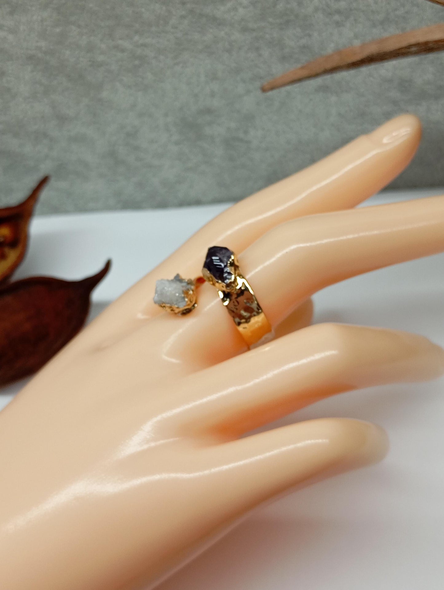 Raw Amethyst and quartz druzy crystals adjustable open finger ring, gold plated,bohemian dainty elegant,protection, mascot,party, wedding