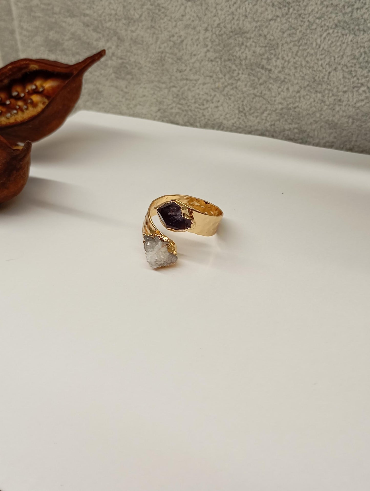 Raw Amethyst and quartz druzy crystals adjustable open finger ring, gold plated,bohemian dainty elegant,protection, mascot,party, wedding