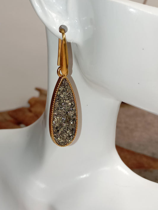 Natural Iron Pyrite Earrings, drop shape cabochon stainless steel gold plated, Healing Protection long dangling Dainty Elegant Gemstone