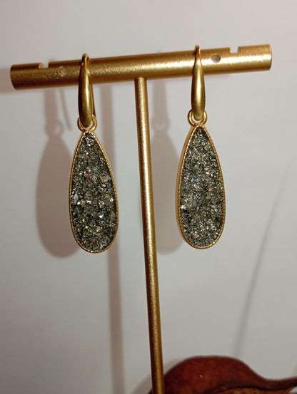 Natural Iron Pyrite Earrings, drop shape cabochon stainless steel gold plated, Healing Protection long dangling Dainty Elegant Gemstone
