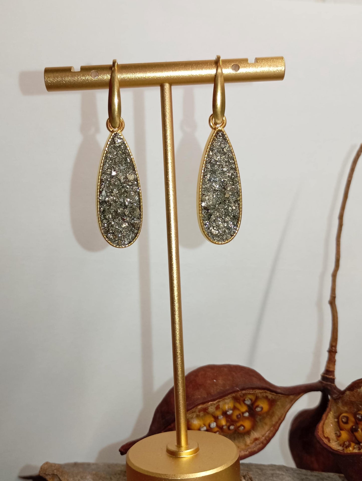 Natural Iron Pyrite Earrings, drop shape cabochon stainless steel gold plated, Healing Protection long dangling Dainty Elegant Gemstone