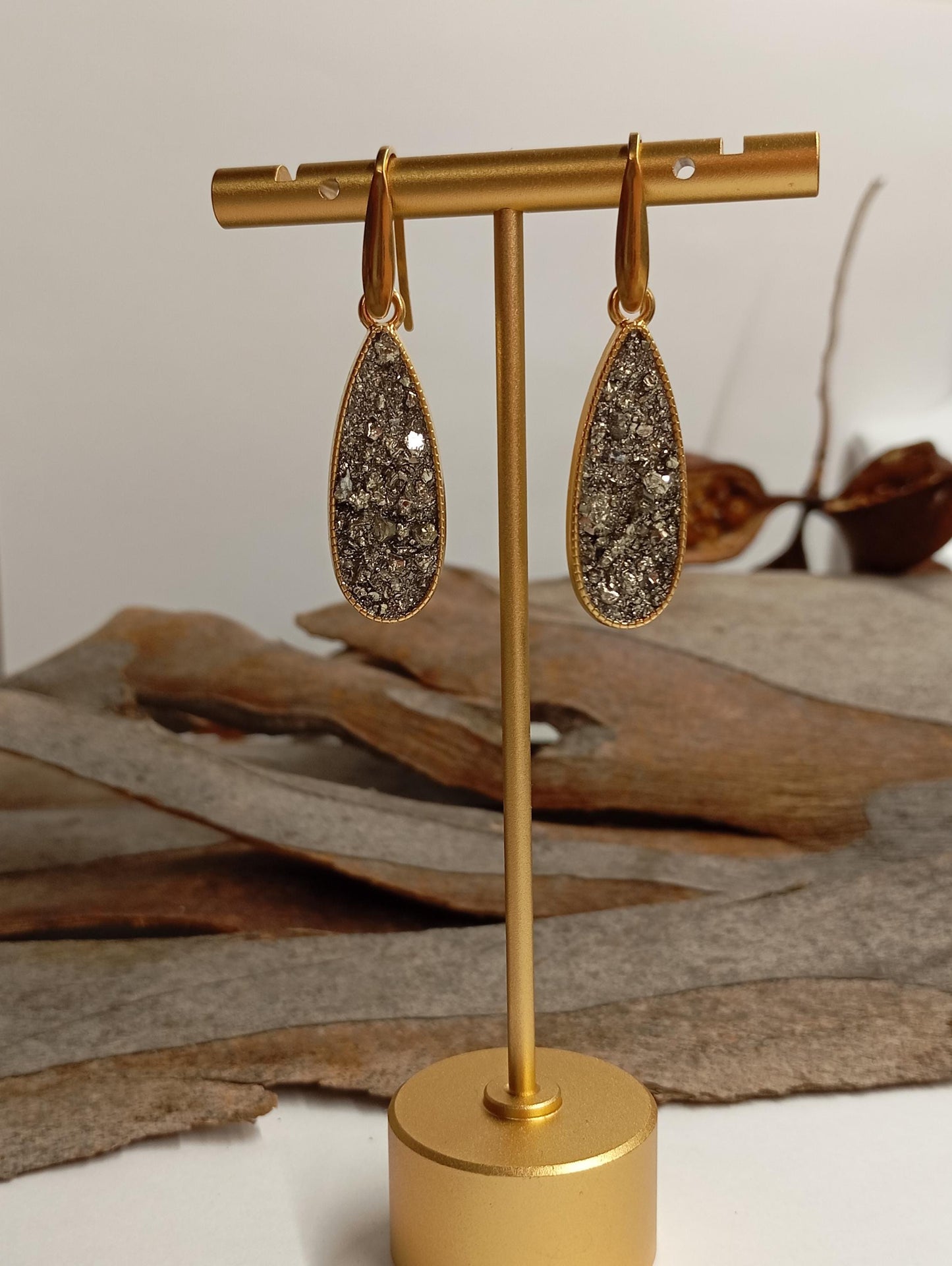 Natural Iron Pyrite Earrings, drop shape cabochon stainless steel gold plated, Healing Protection long dangling Dainty Elegant Gemstone