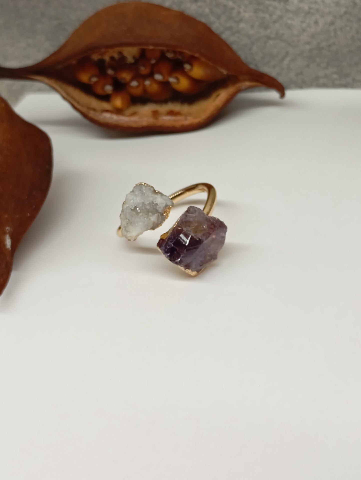 Raw Amethyst and quartz druzy crystals adjustable open finger ring,brass gold plated,bohemian dainty elegant,protection,party,wedding,mascot