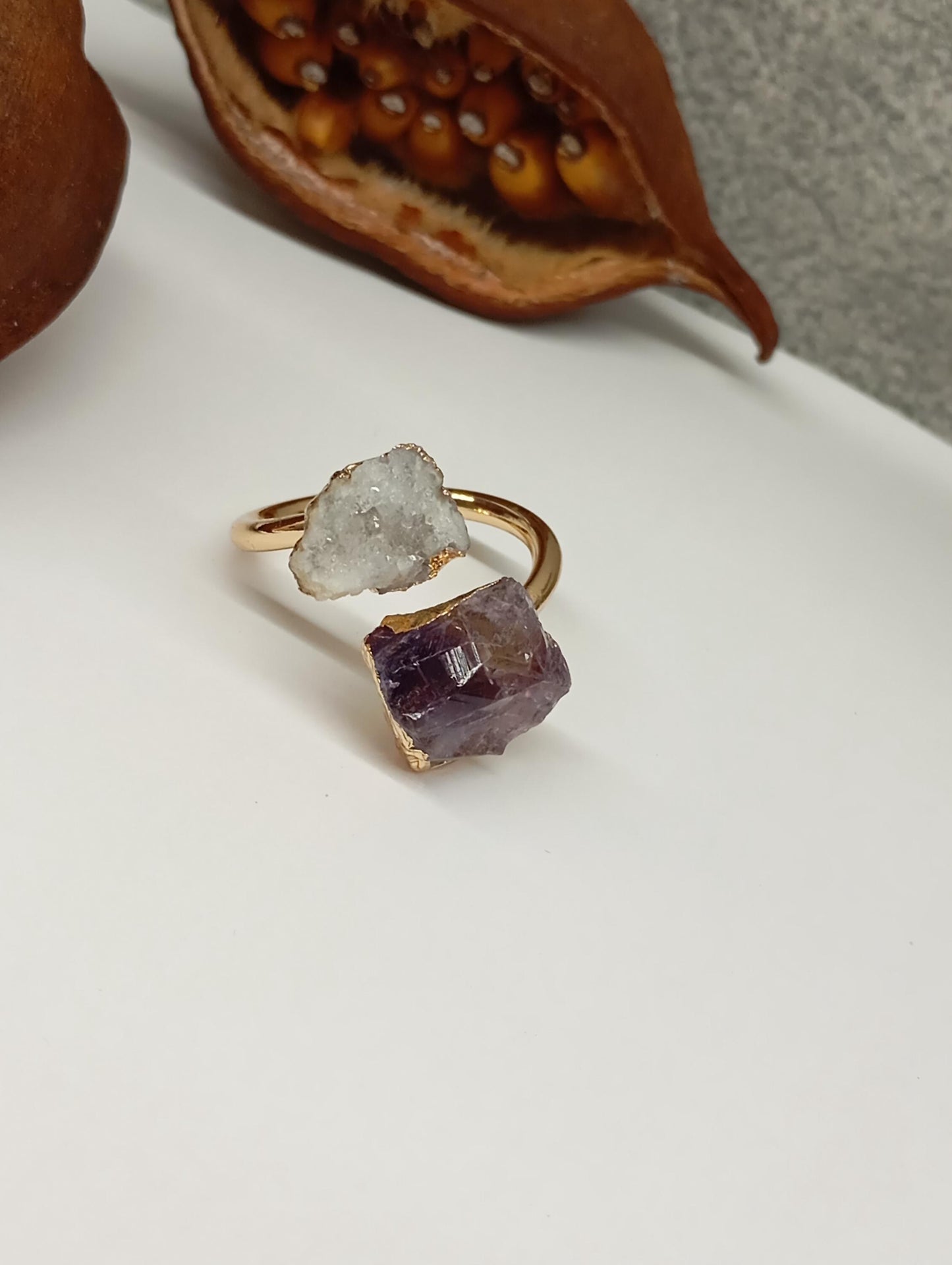Raw Amethyst and quartz druzy crystals adjustable open finger ring,brass gold plated,bohemian dainty elegant,protection,party,wedding,mascot