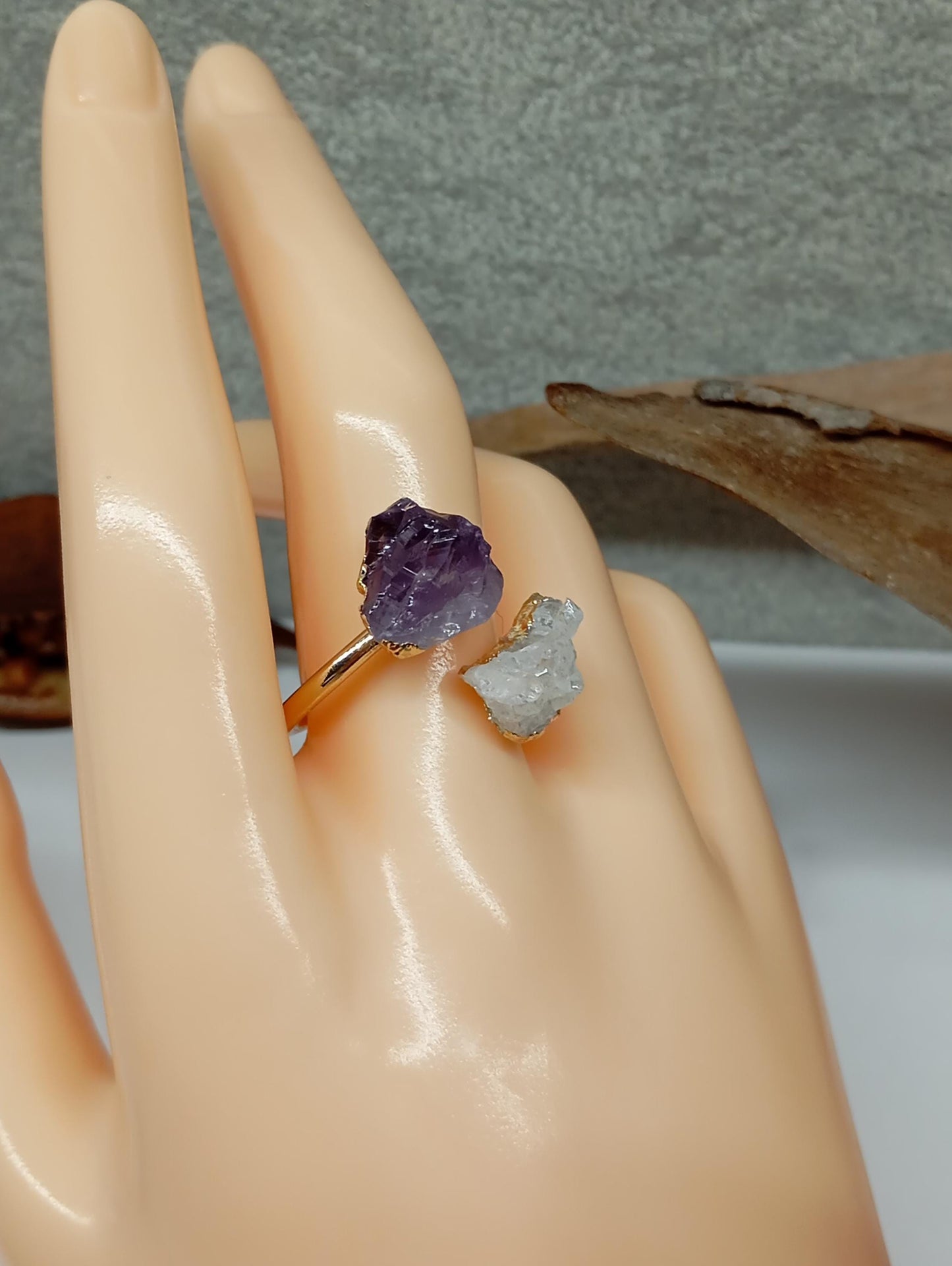 Raw Amethyst and quartz druzy crystals adjustable open finger ring,brass gold plated,bohemian dainty elegant,protection,party,wedding,mascot