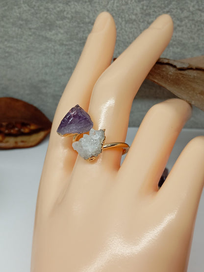 Raw Amethyst and quartz druzy crystals adjustable open finger ring,brass gold plated,bohemian dainty elegant,protection,party,wedding,mascot
