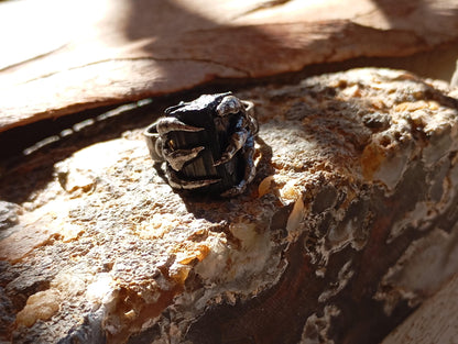 Raw Black Tourmaline claws ring, adjustable finger ring, gemstone,Reiki, antique bronze,retro,gothic evil eye protection stone,mascot,amulet