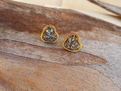 Heart Pyrite Studs Earrings, wealth stone, Healing, protection, raw Iron Pyrite cubes gemstone earrings, handmade dainty earrings