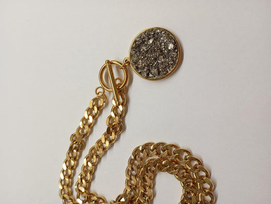 Pyrite Cubes Pendant Necklace, Round cobochon, thick chain, Wealth stone,Confidence, success, Protection Healing,Handmade Pyrite Jewellery