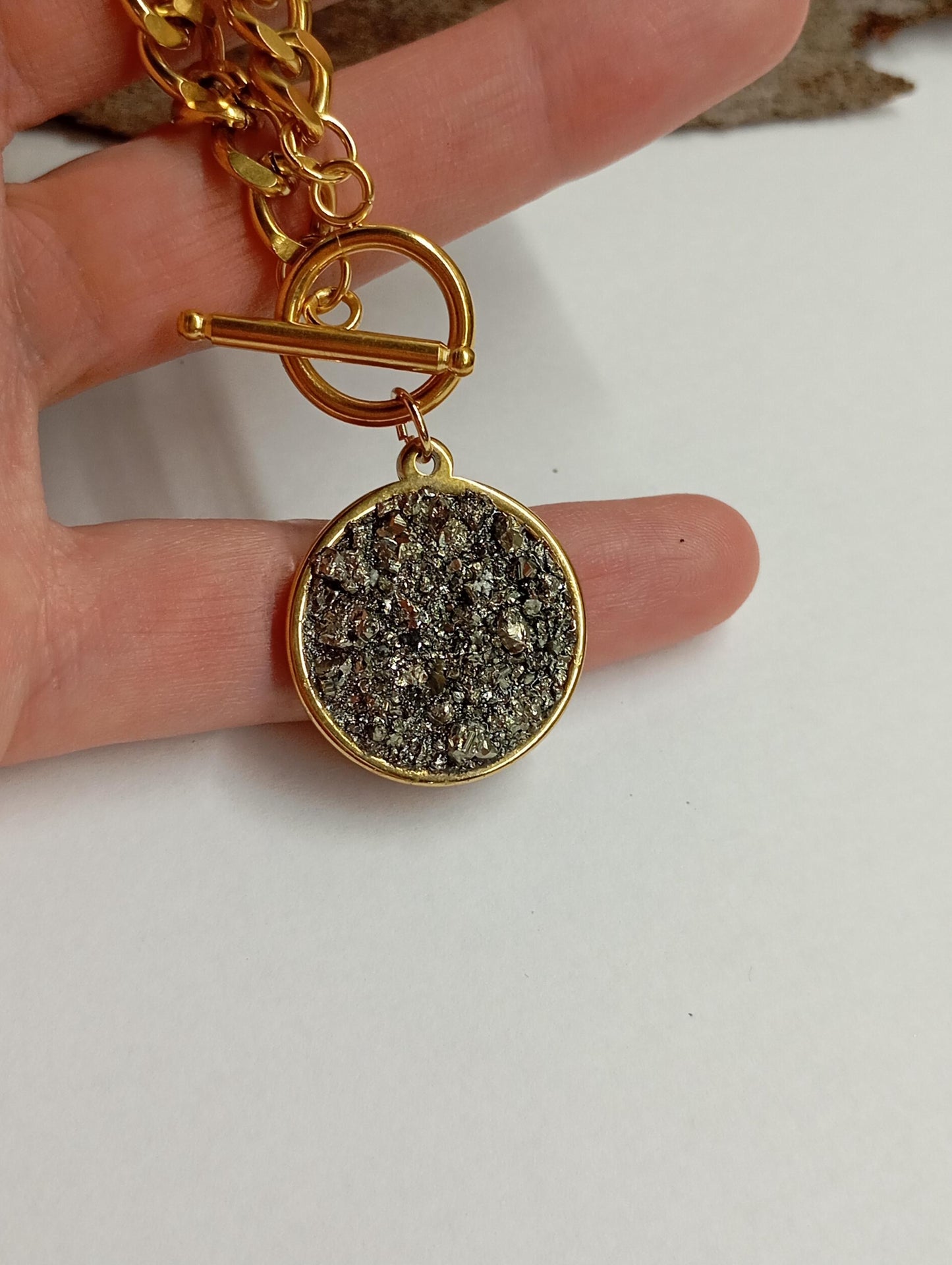 Pyrite Cubes Pendant Necklace, Round cobochon, thick chain, Wealth stone,Confidence, success, Protection Healing,Handmade Pyrite Jewellery