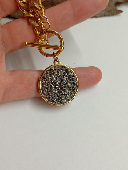 Pyrite Cubes Pendant Necklace, Round cobochon, thick chain, Wealth stone,Confidence, success, Protection Healing,Handmade Pyrite Jewellery