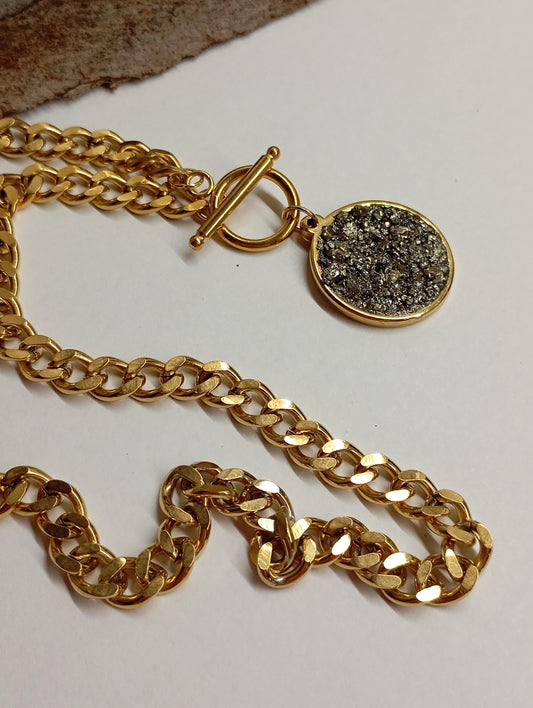Pyrite Cubes Pendant Necklace, Round cobochon, thick chain, Wealth stone,Confidence, success, Protection Healing,Handmade Pyrite Jewellery