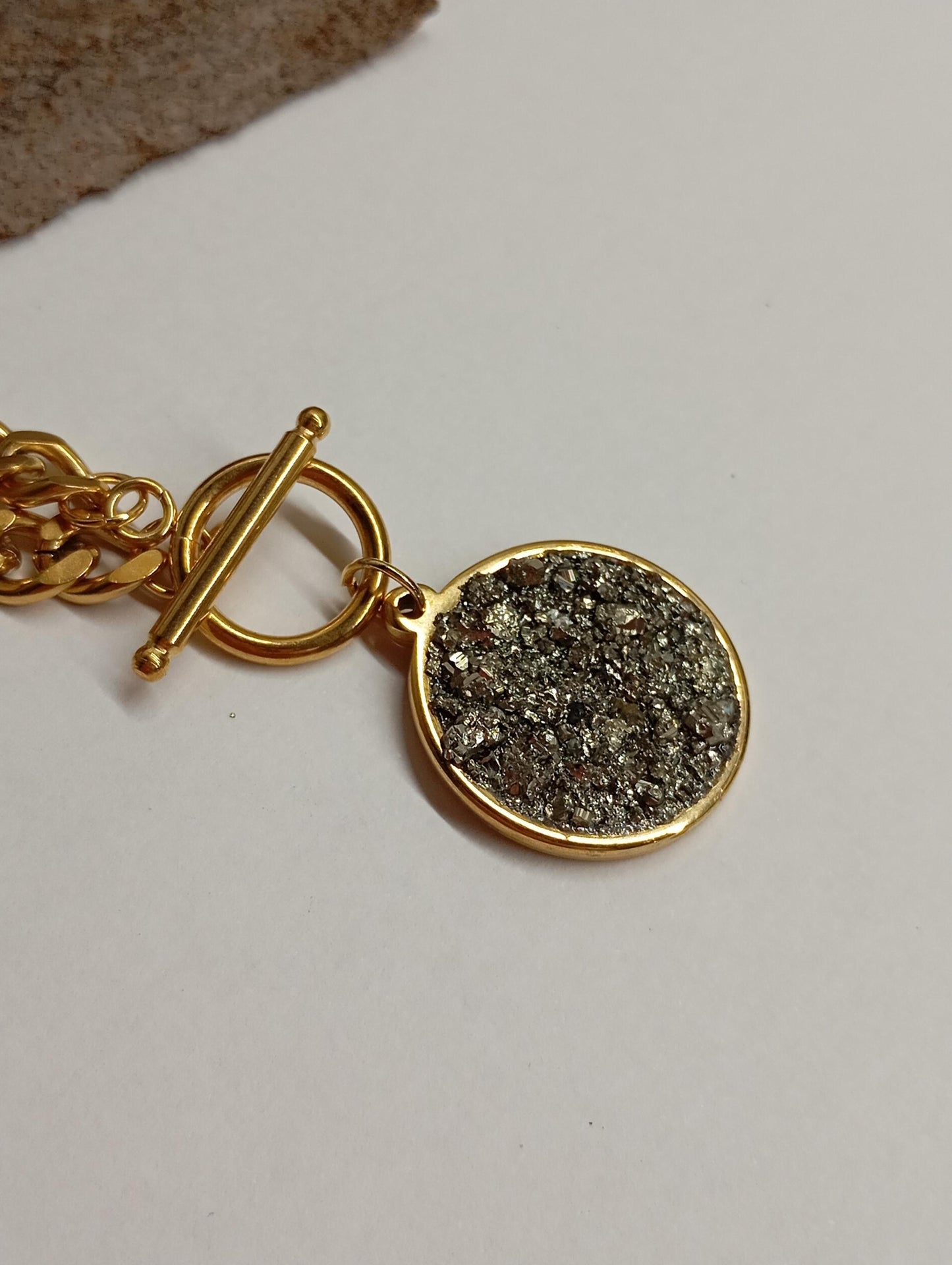 Pyrite Cubes Pendant Necklace, Round cobochon, thick chain, Wealth stone,Confidence, success, Protection Healing,Handmade Pyrite Jewellery