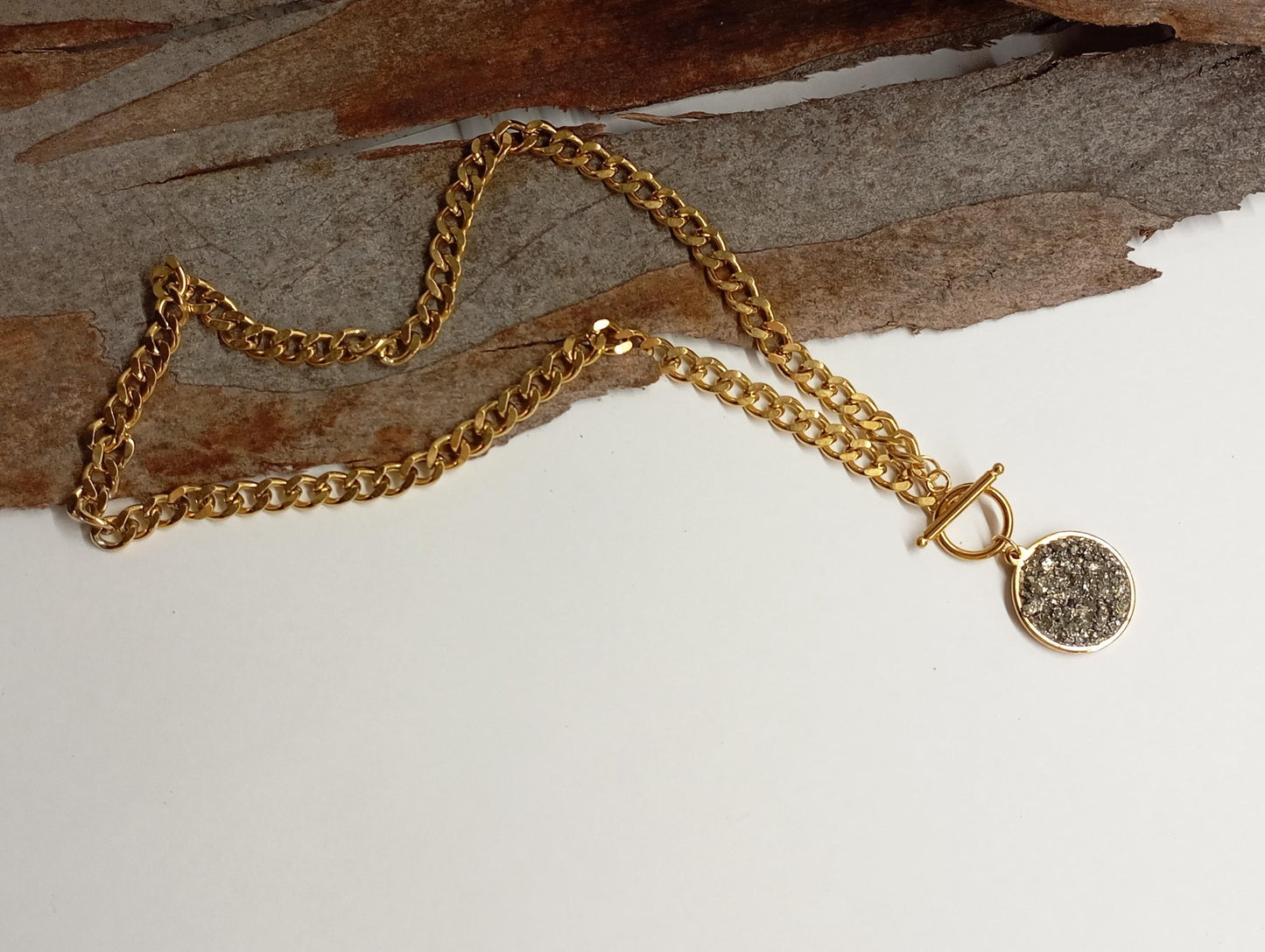 Pyrite Cubes Pendant Necklace, Round cobochon, thick chain, Wealth stone,Confidence, success, Protection Healing,Handmade Pyrite Jewellery