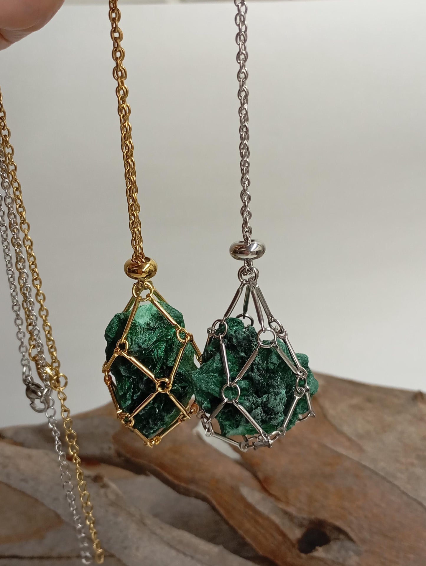 Natural Raw Malachite replaceable crystal stainless steel Cage Holder Crystal Pendant chain Necklace, Protection Healing Jewelry
