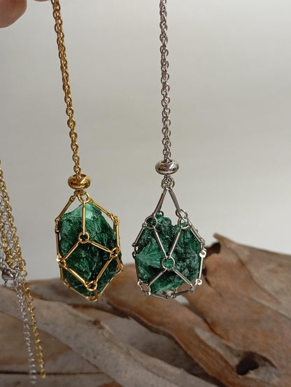 Natural Raw Malachite replaceable crystal stainless steel Cage Holder Crystal Pendant chain Necklace, Protection Healing Jewelry