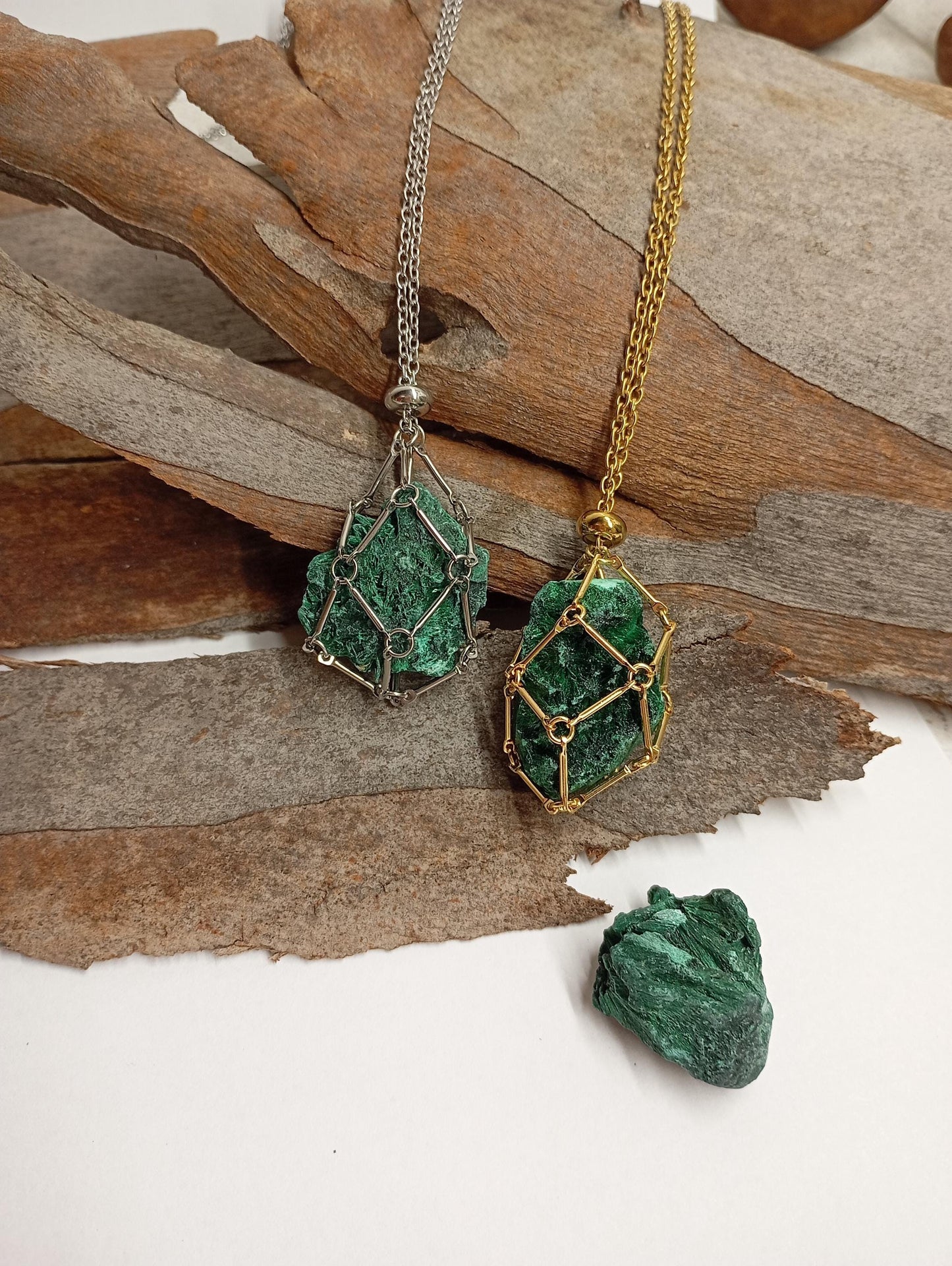 Natural Raw Malachite replaceable crystal stainless steel Cage Holder Crystal Pendant chain Necklace, Protection Healing Jewelry