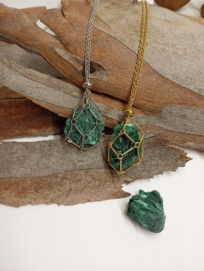 Natural Raw Malachite replaceable crystal stainless steel Cage Holder Crystal Pendant chain Necklace, Protection Healing Jewelry