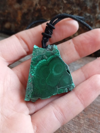 Green Malachite Pendant necklace, unique, Natural gemstone, adjustable black cord, handmade, gift for women, bohemian