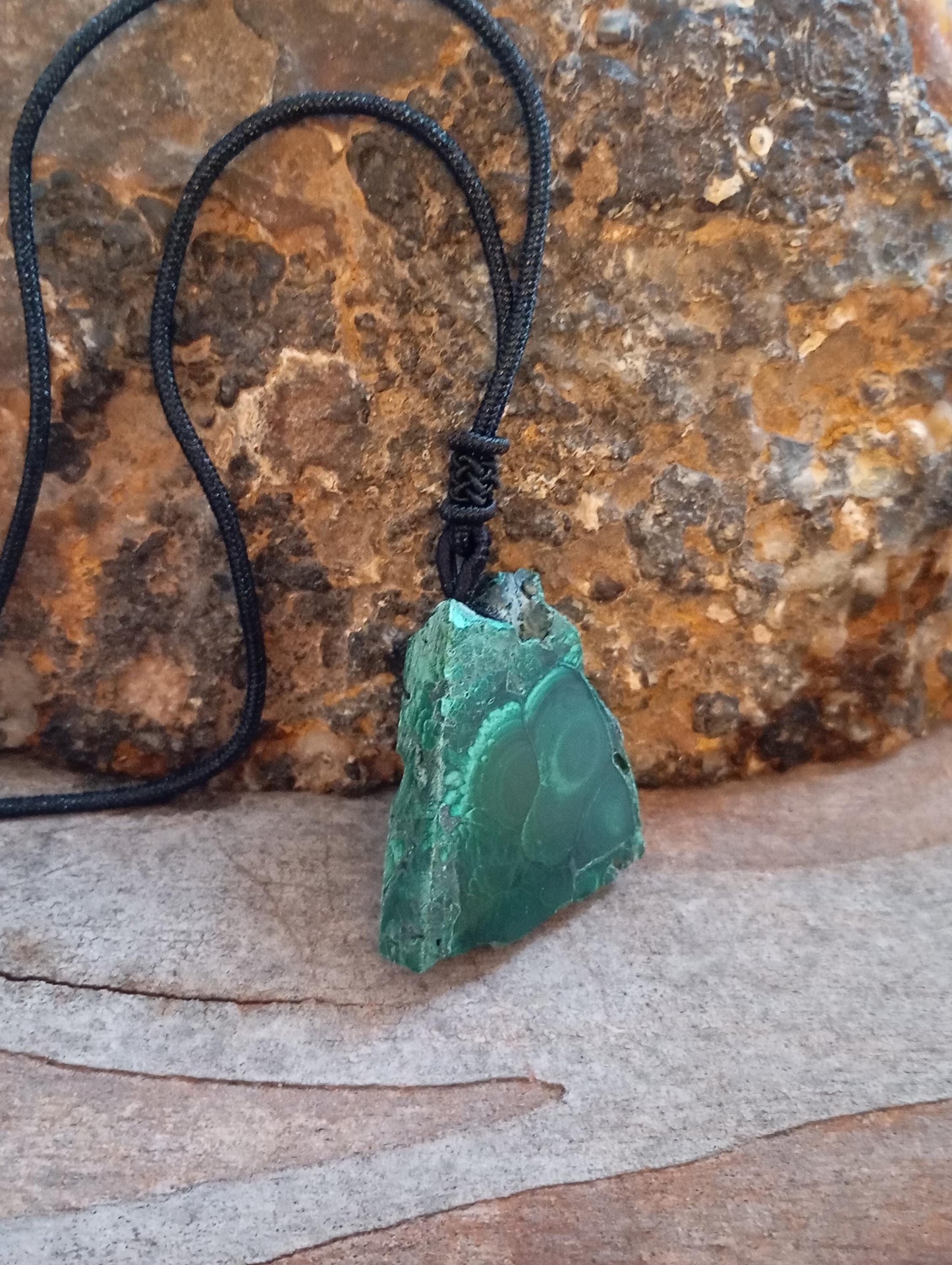 Green Malachite Pendant necklace, unique, Natural gemstone, adjustable black cord, handmade, gift for women, bohemian