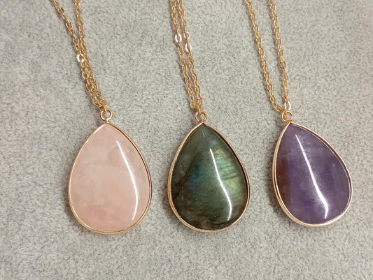 Drop Crystal pendant Necklace, gemstone teardrop shape, energy, healing protection stones, classic elegant bohemian finding, gift for woman