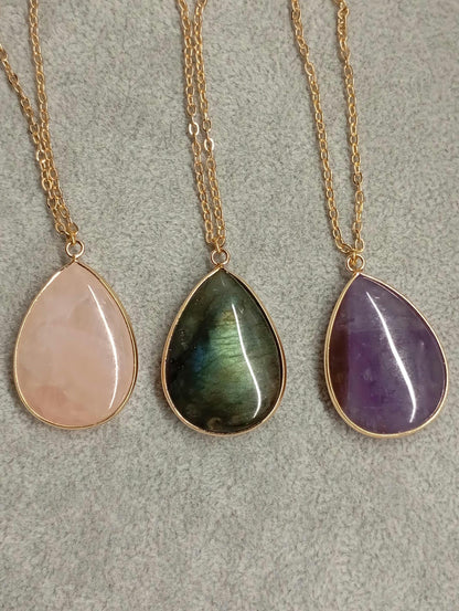 Drop Crystal pendant Necklace, gemstone teardrop shape, energy, healing protection stones, classic elegant bohemian finding, gift for woman